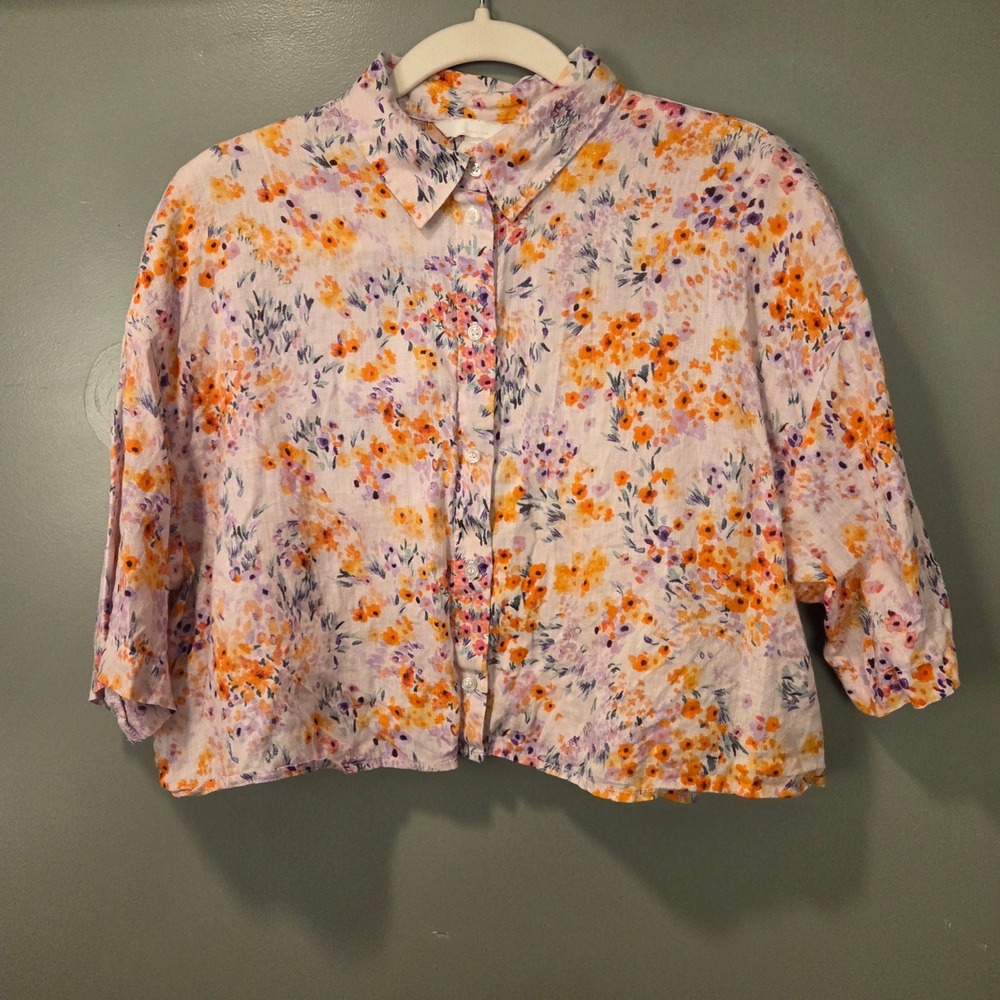 Women's 100% Linen Cropped Half Sleeve Button Up Shirt Size S Floral Print